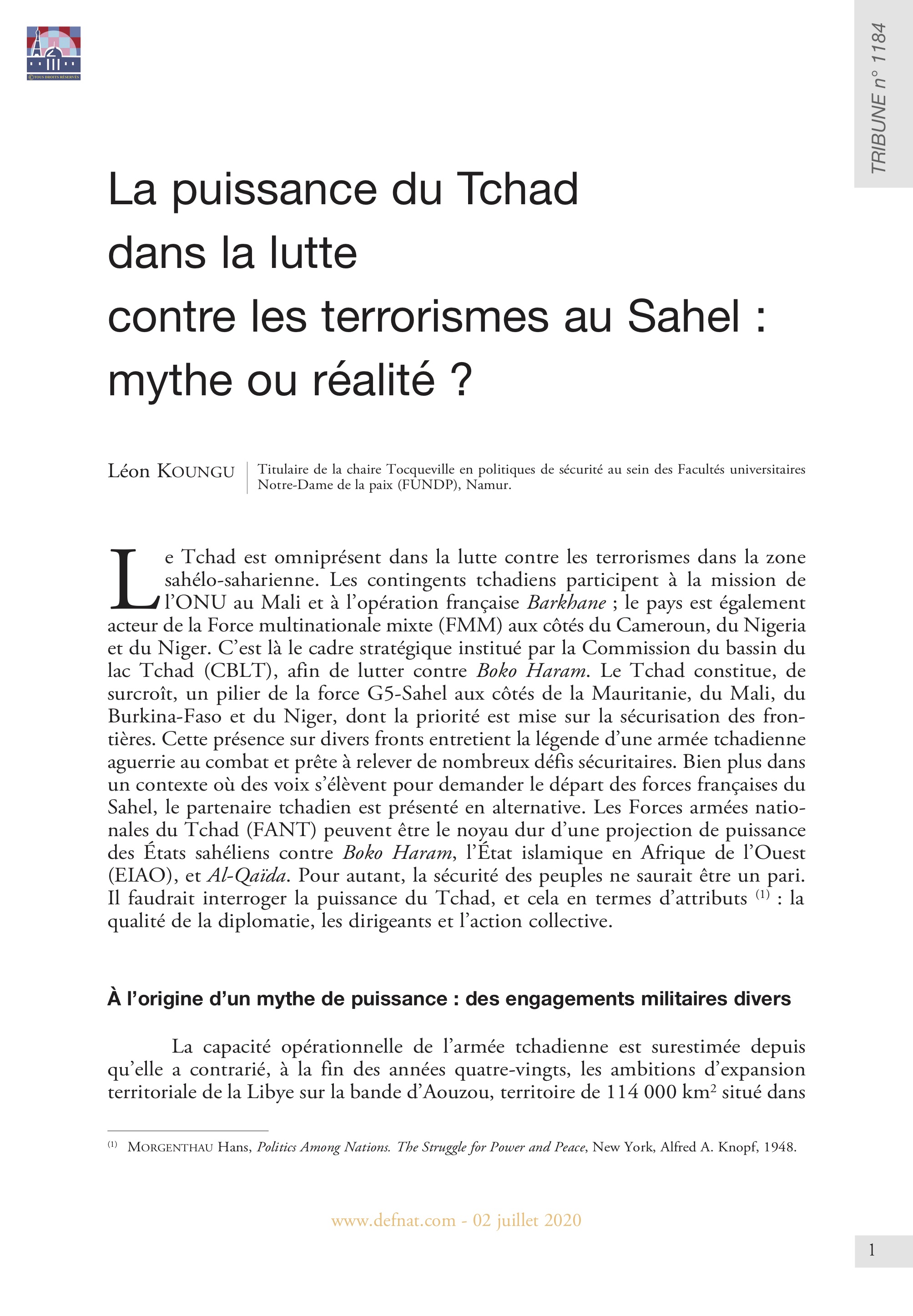 La puissance du Tchad dans la lutte contre les terrorismes au Sahel : mythe ou réalité ? (T 1184)
